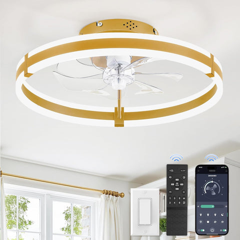 Ceiling Fans with Lights and Remote, 19.7'' Low Profile Ceiling Fan, 3000-6000K Dimmable Modern Flush Mount LED Fan Light, 6 Wind Speeds, Gold Fandelier Ceiling Fans for Bedroom A101-B0F1CCMY9D