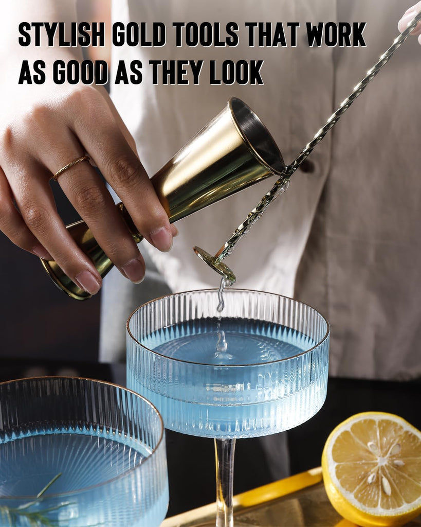 Cocktail Shaker Set with Coupe Glasses - 5-Piece Gift Set Includes Pineapple Glass Shaker with Gold Lid, Jigger, Bar - Set of 5