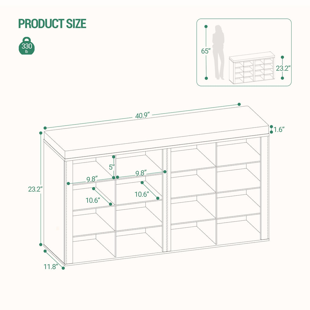 Shoe Storage Bench with Cushion, Entryway 16-Cubby Shoe Rack