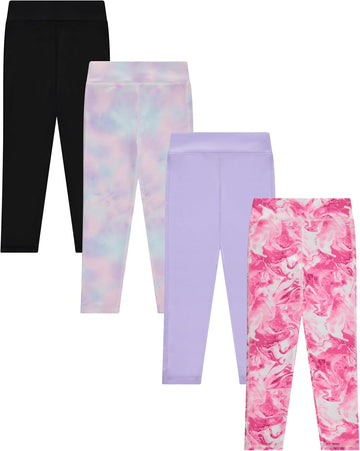 Girls 4 Pack Leggings Set, Exercise, Sports Tights with Wide Waistband for Girls