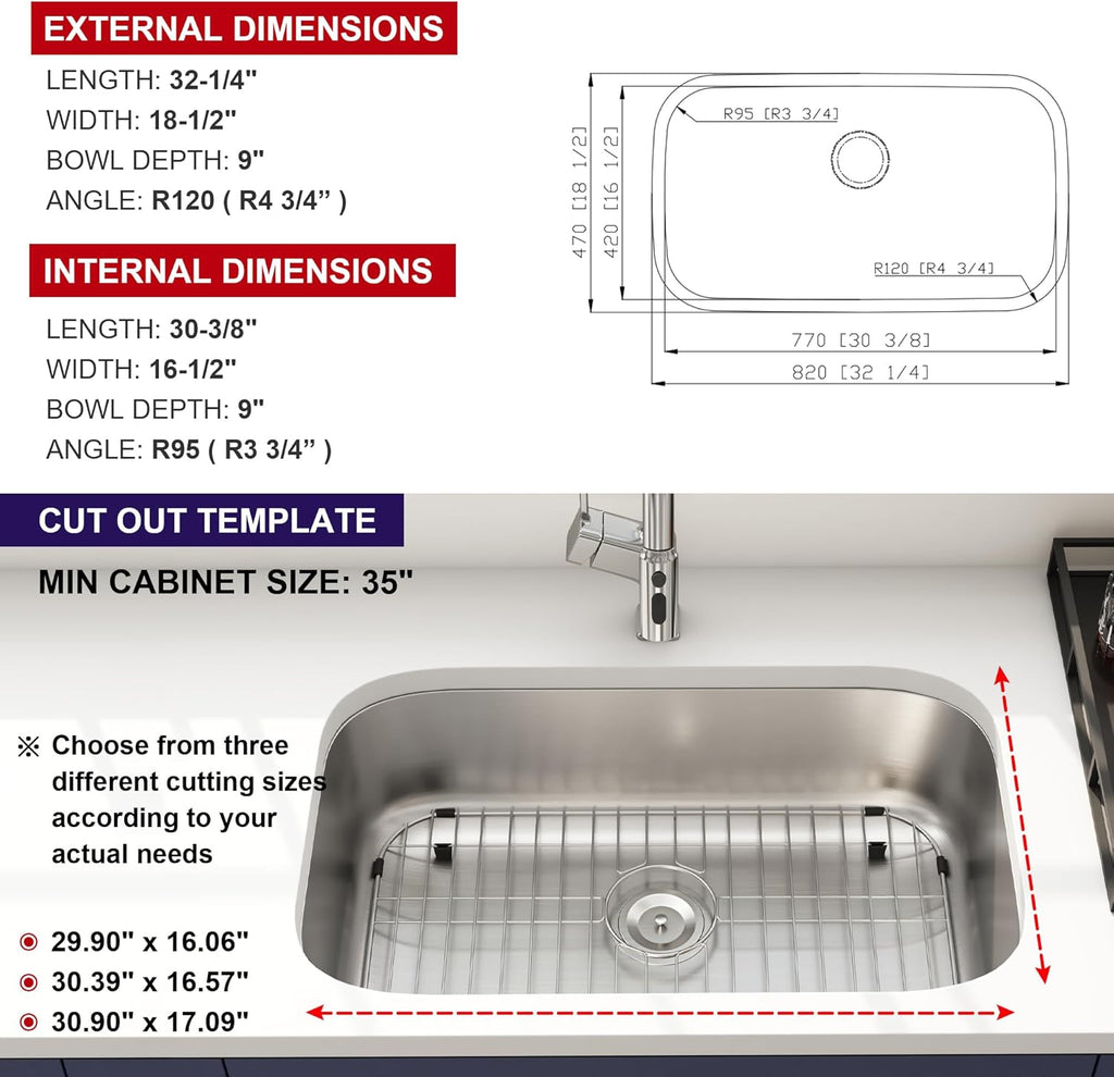 32 Inch Undermount Curved Spacious Single Bowl Kitchen Sink | 304 Stainless Steel, 18 Gauge Thickness, Brushed Satin