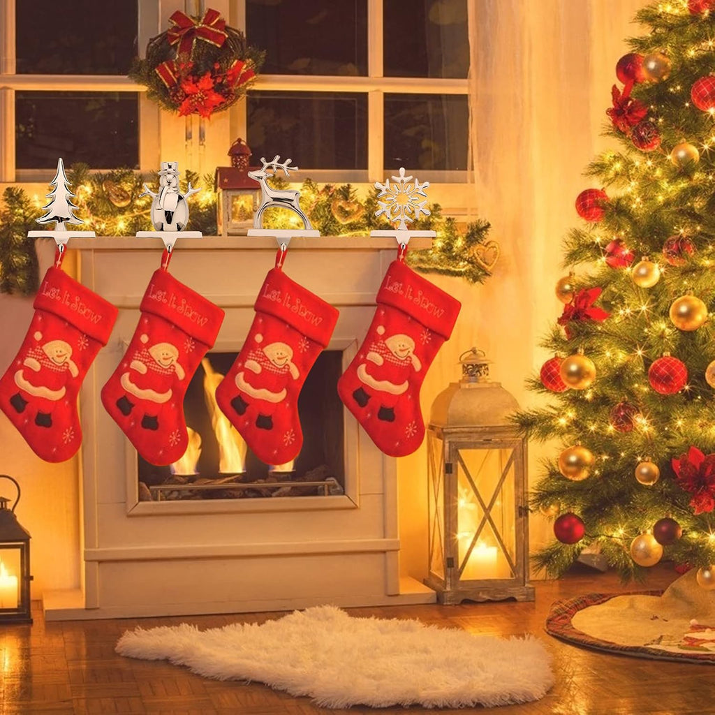 Christmas Stocking Holders for Mantel Set of 4 Reindeer Snowflake Snowman Pine Tree Vintage Metal Standing Stocking