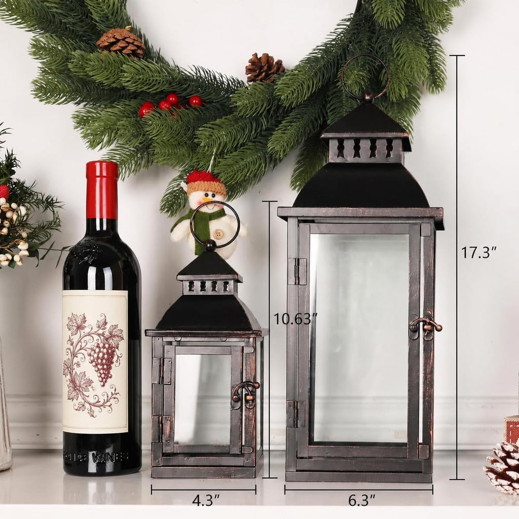 Lanterns Decorative Outdoor&Indoor, Set of 2 Large Bronze Metal Lantern Decor with Glass, Candle Holder for Porch
