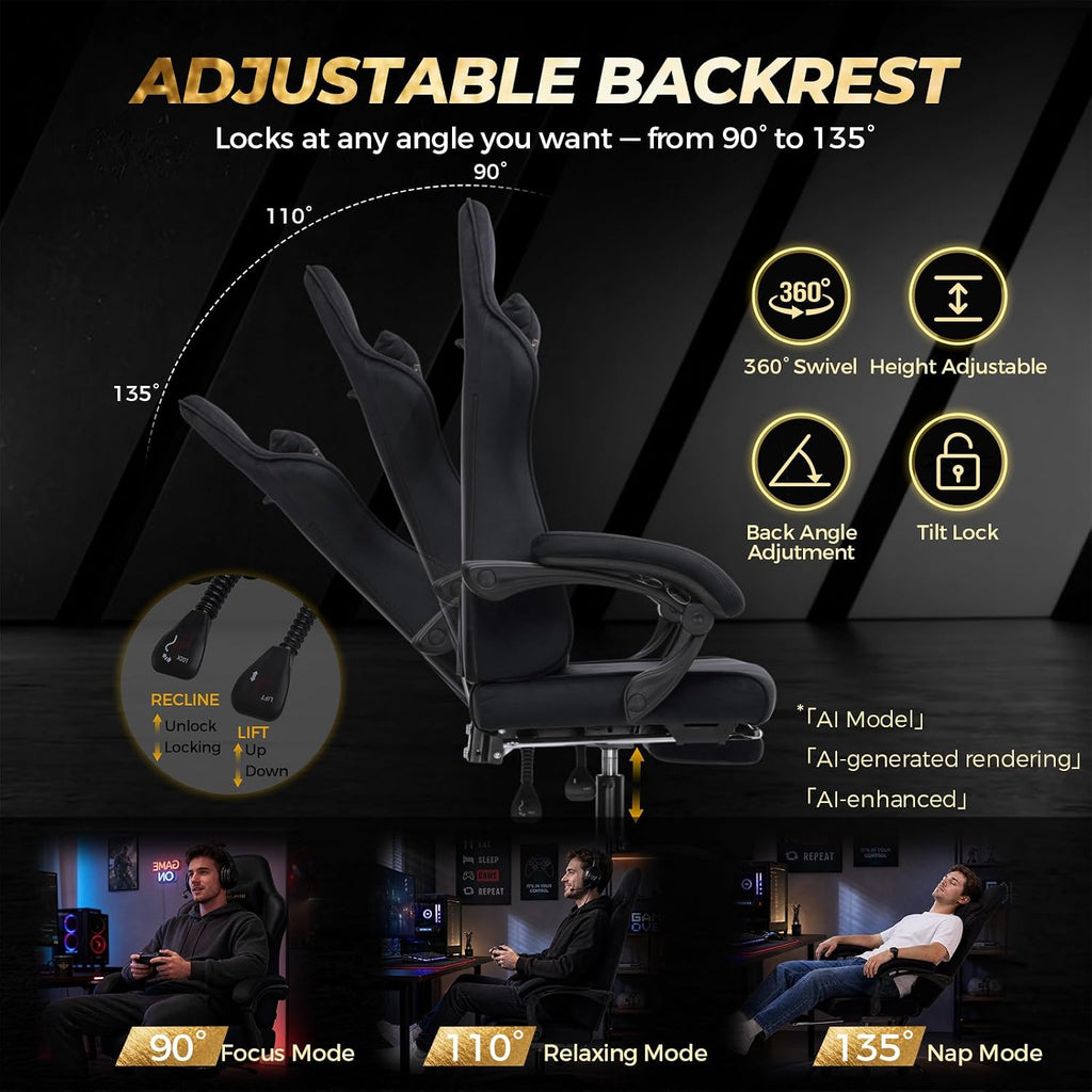 Video Gaming Chair Fabric, Ergonomic Computer Chair with Footrest and Pocket Spring Cushion, Height Adjustable Video