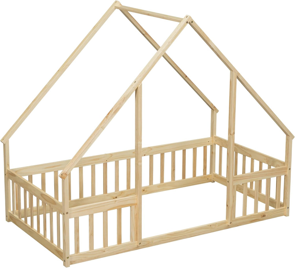 House-Shaped Floor Bed with Safety Guardrails, Natural