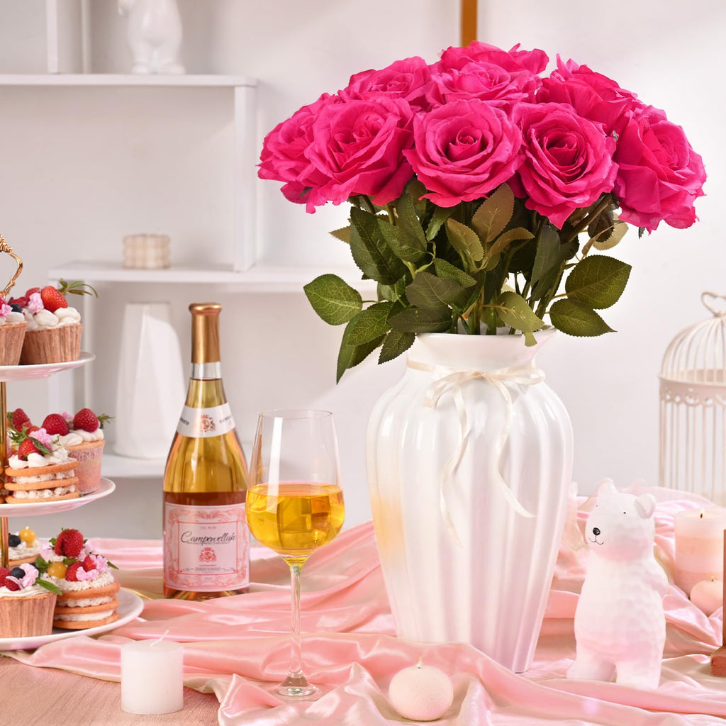 16 Pcs Fuchsia Roses, Long Stem Fake Roses Artificial Flowers, Silk Flowers Bouquet for Valentines Mothers Day