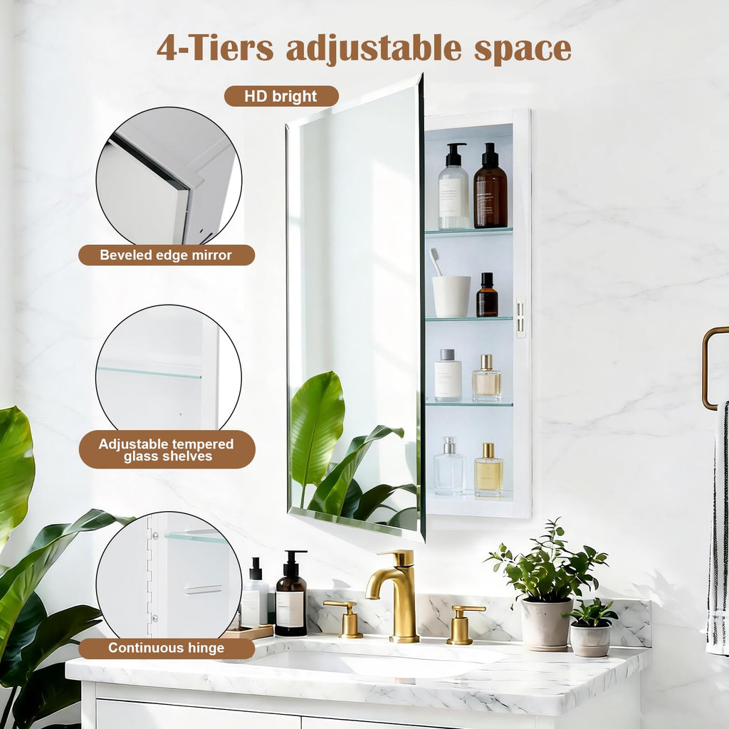 16x26'' Bathroom Medicine Cabinet Mirror with Storage, Surface Mount or Recessed Medicine Cabinet with 4-Tiered