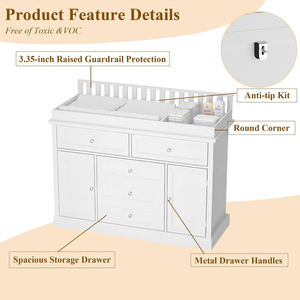 46" Baby Dresser with Changing Table Top, White Dresser with Storage Drawers and Doors , Multifunctional Nursery Baby