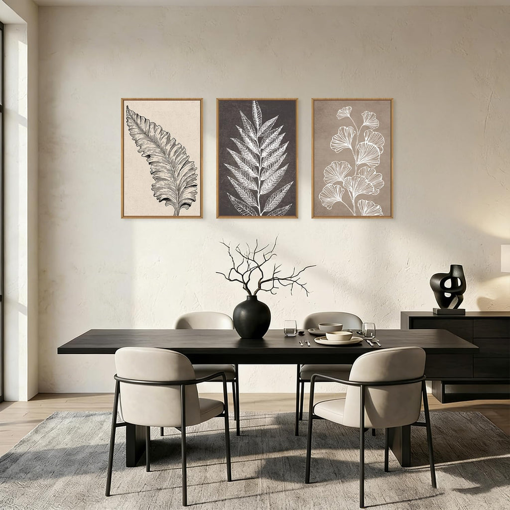 Large Boho Fern Leaf Botanical Framed Canvas Wall Art Set, Vintage Abstract Brown Beige Leaves Flower Wall Decor