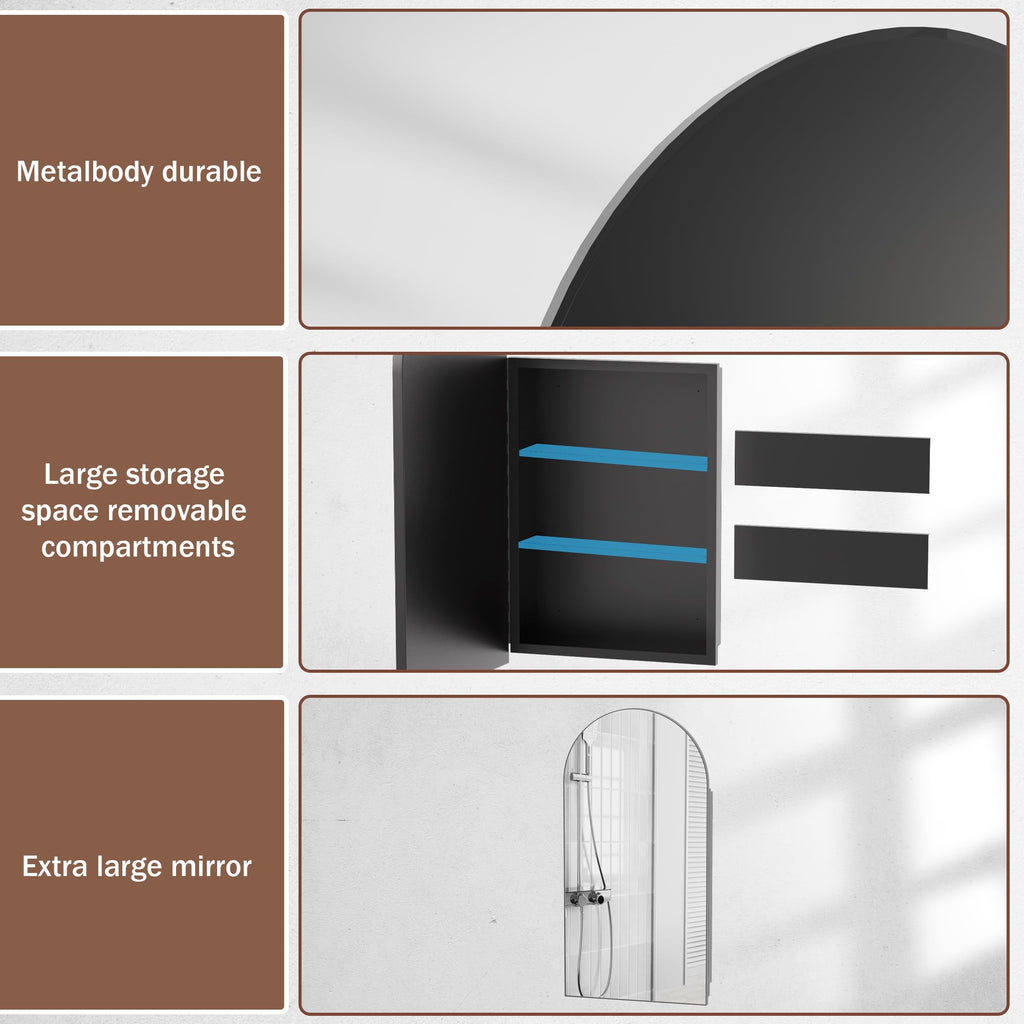 Medicine Cabinet with Mirror, Bathroom Wall Cabinet with Adjustable Shelves Arch Metal Storage Cabinet Bedroom (No