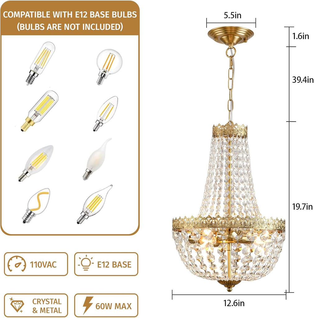 Mini French Empire Crystal Chandelier 4 Lights Pendant Lighting Fixture for Dining Living Room Foyer Kitchen Bedroom Entryway,Antique Brass,E12,19.7" Hx12.6 W A108-B0D4Q73LHB