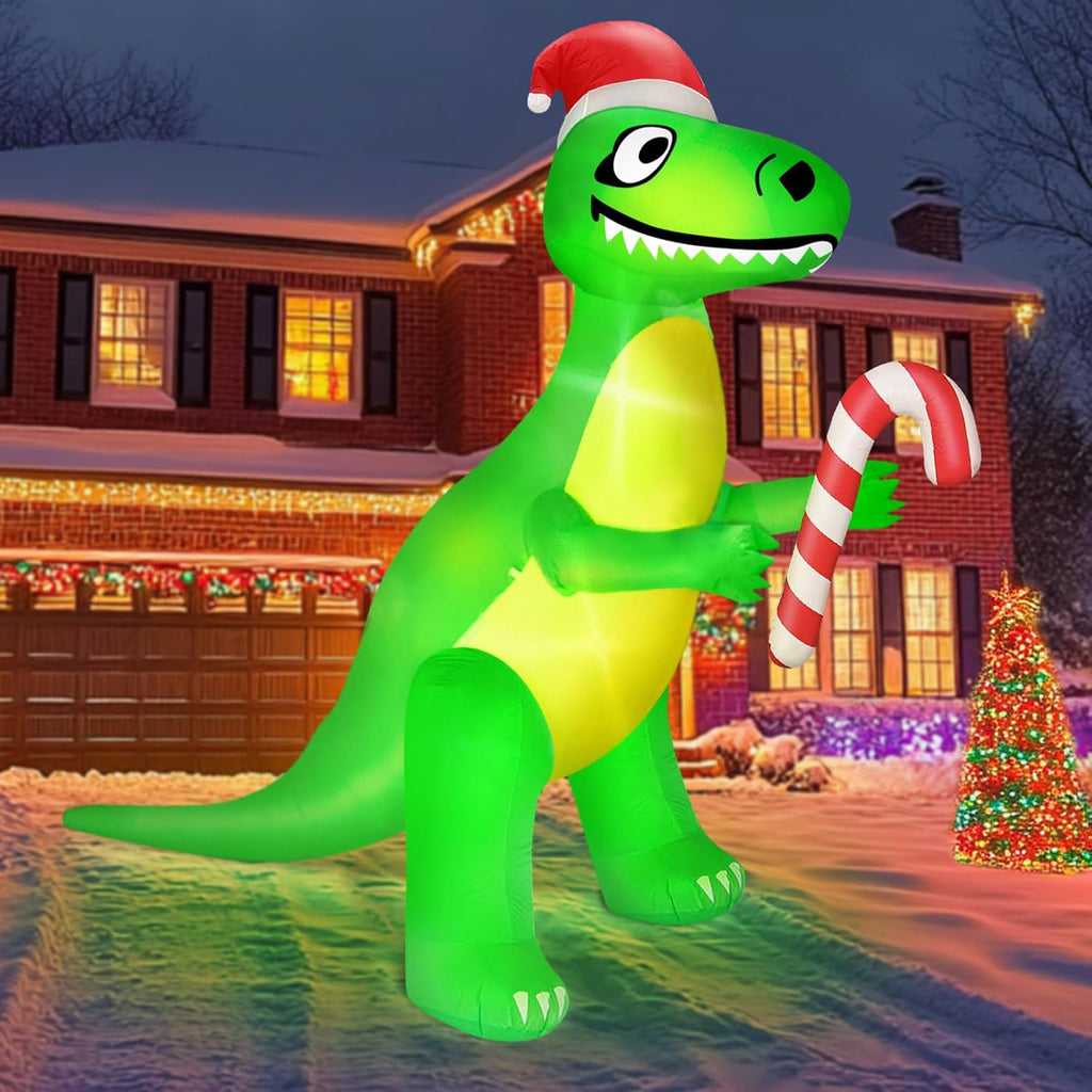 12 Ft L x10 Ft Ht Giant Christmas Inflatable Santa Dinosaur Candy Cane Build-in LED Lights Christmas Blow up Yard