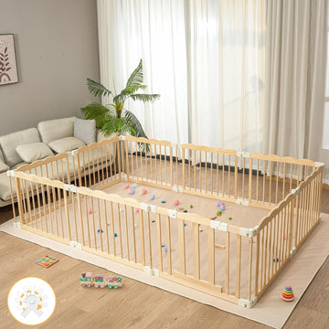 Wooden Baby Playpen 69x103 Inch Foldable Toddler Fence with Safety Lock | Extra Large Natural Wood Foldable Baby