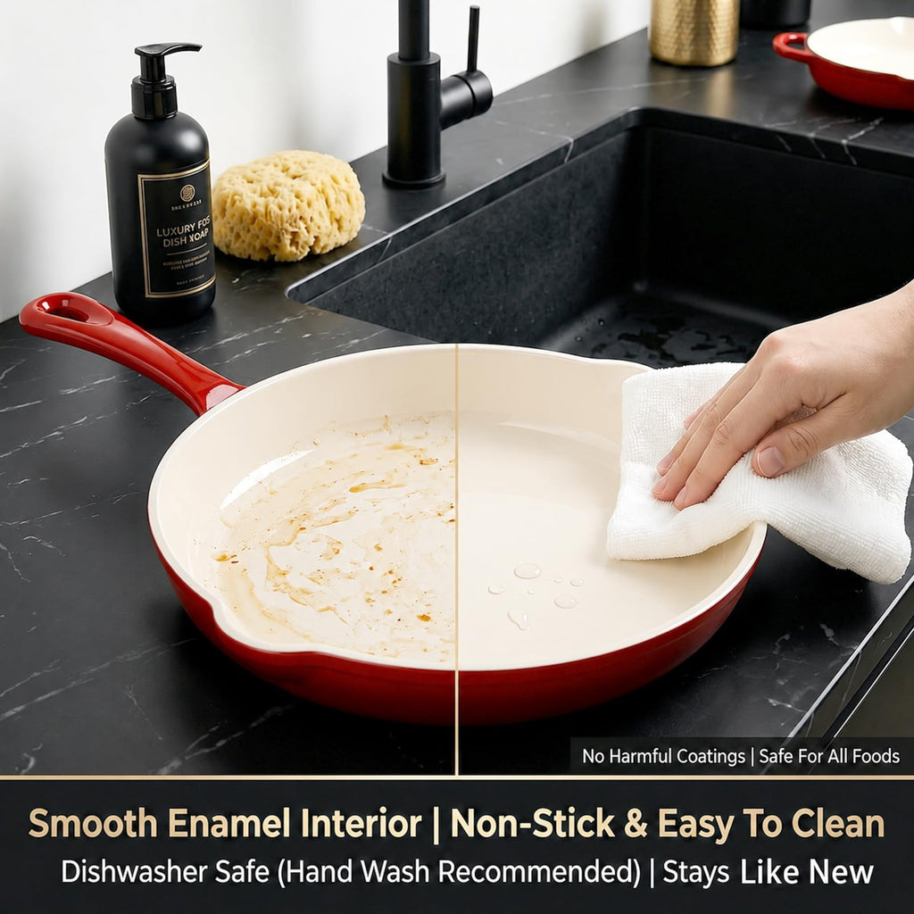 Nonstick Enameled Cast Iron Cookware Set, 5-Piece Pots and Pans Set with Lids, Skillet, Frying Pan, Saucepan & Dutch