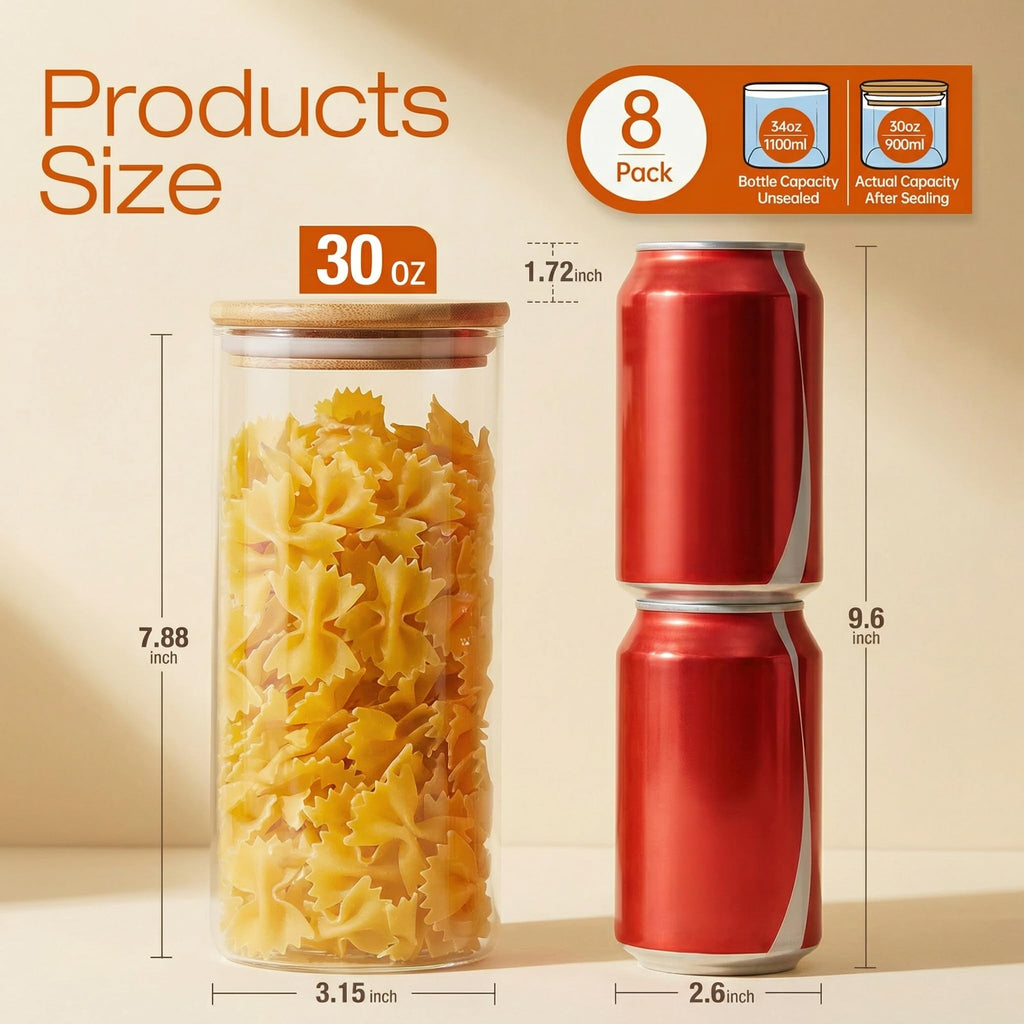 Glass Jars with Bamboo Lids 28 floz [Set of 8], Glass Canisters with Airtight Lids, Glass Food Storage Containers