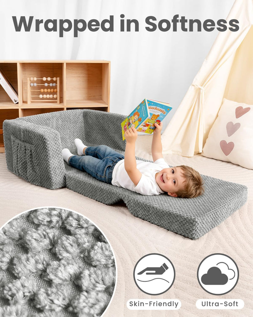 Sherpa Kids Couch, in-1 Fold-Out Comfy Chair for 3+ Years Old, Grey