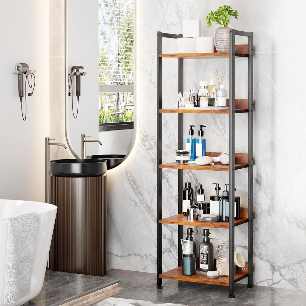 5 Tier Bookshelf with Drawer, Tall Narrow Bookcase with Shelves, Wood and Metal Bookshelves Storage Organizer