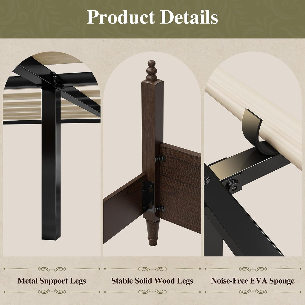 Classic Four-Poster King Bed Frame with Curved Headboard, Walnut Wood