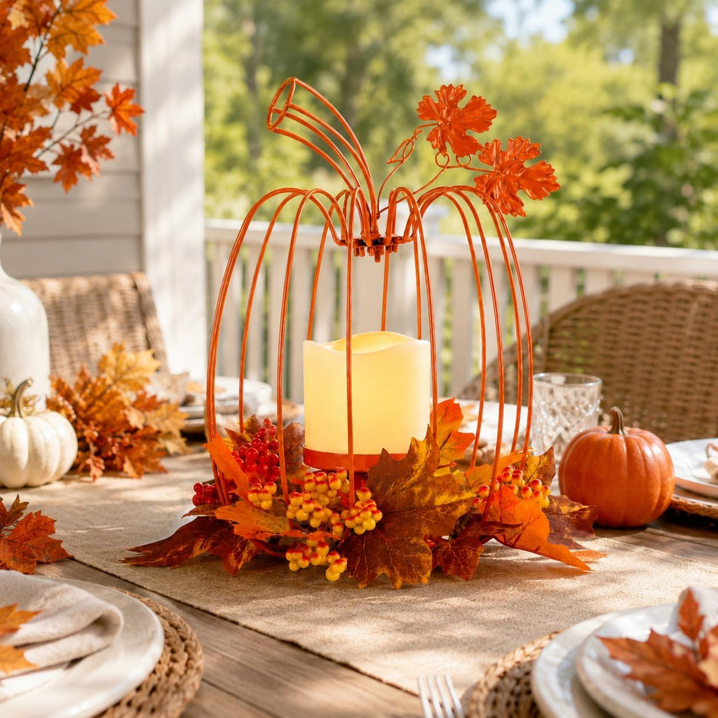 Thanksgiving Decorations,Fall Pumpkin Lanterns Decorative Indoor & Outdoor,Orange Wrought Iron Pumpkin Shape Tealight