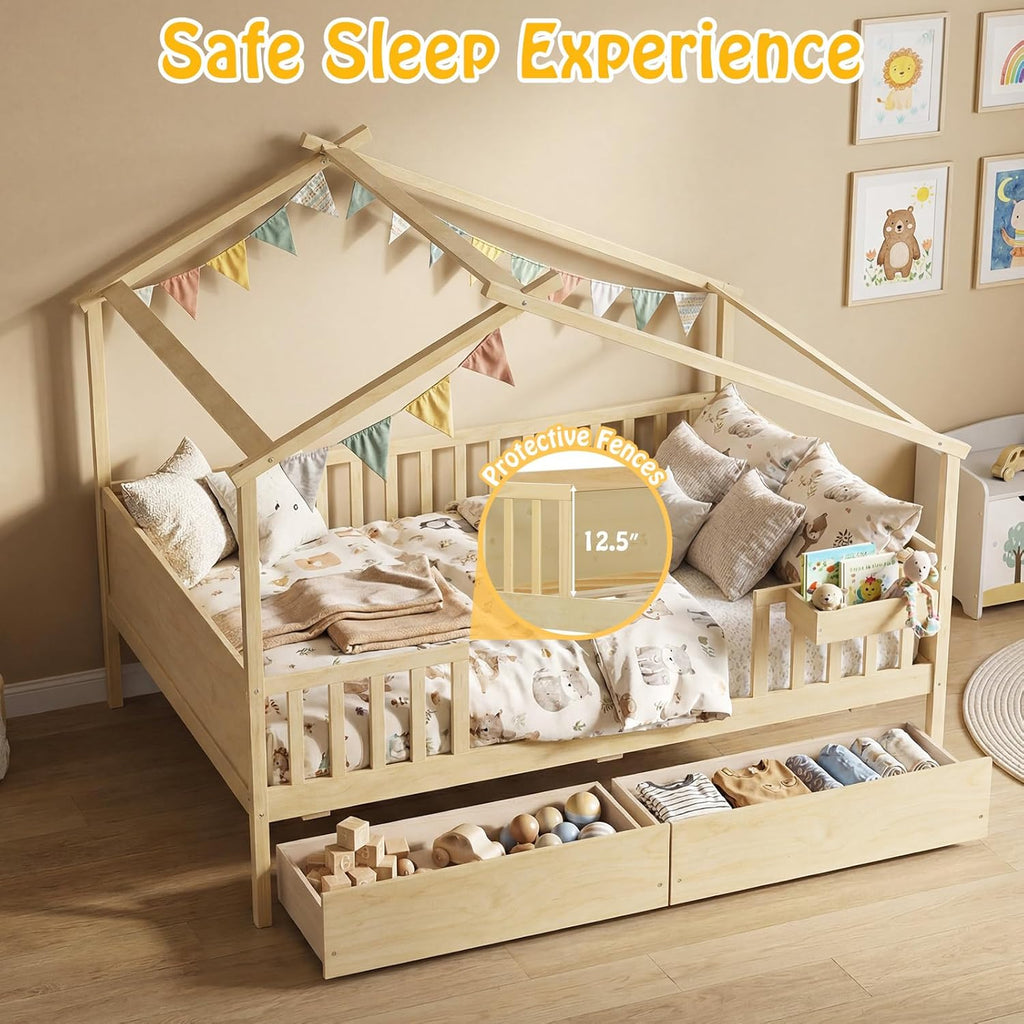 Full Size House Bed for Kids, Full Storage Bed with Roof & Fence Rails, Wood Bed Frame with Storage Box & 2 Rolling