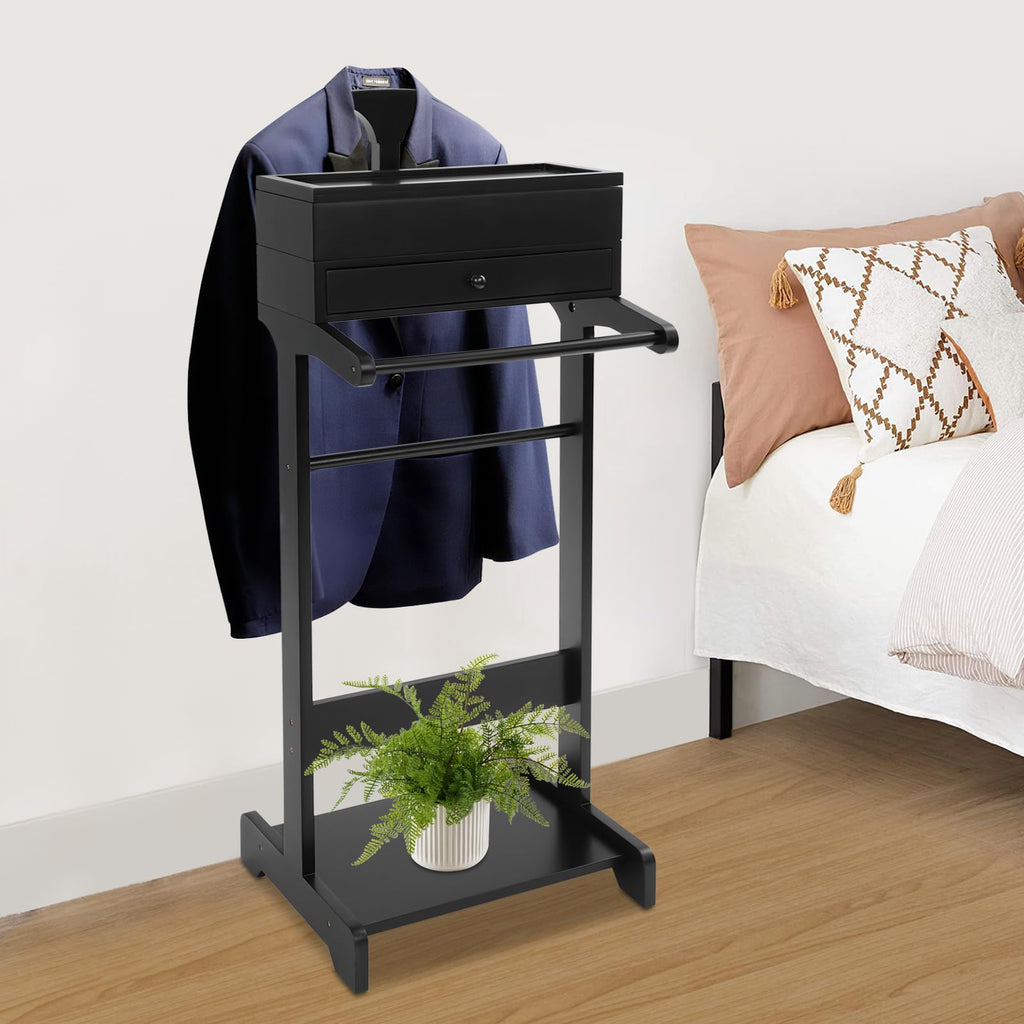 Valet Stand with Drawer and Top Tray, Wood Mens Suit Valet Stand with Wood Base, Freestanding Clothes Valet Stand