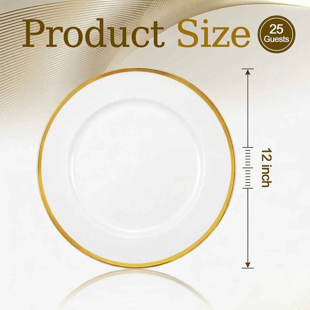 25Pack White and Gold Charger Plates Plastic for Wedding