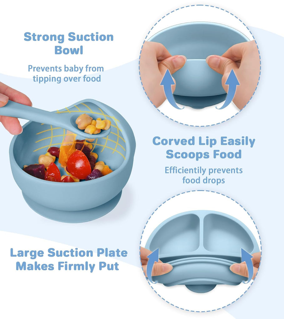 Feeding Set, Baby Led Weaning Supplies Includes Suction Bowl and Divided Plate, Adjustable Bib, Soft Spoons