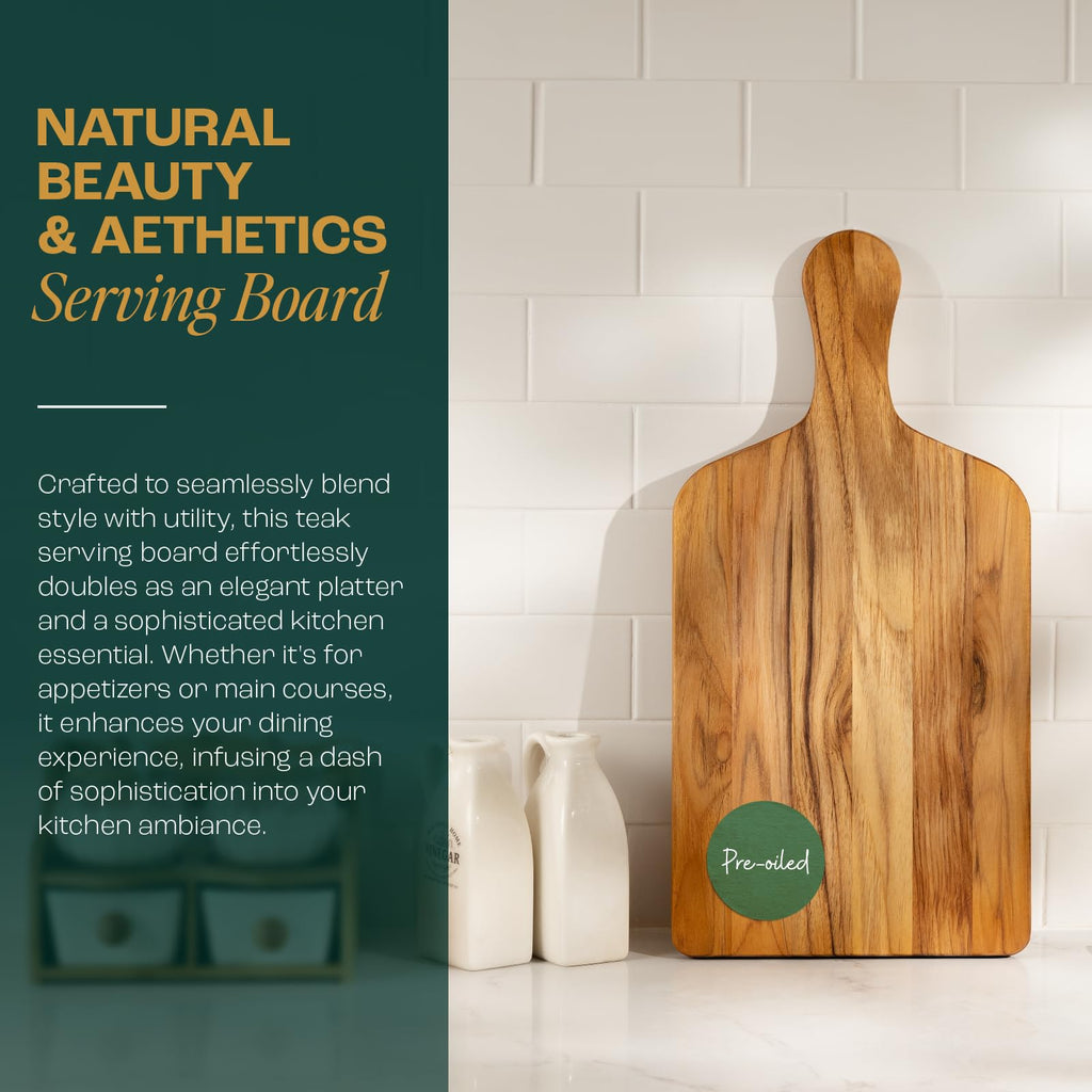 Teak Cutting Boards, [20''Lx10''Wx0.75"] Ergonomic Handle Serving Board, Pre-Oiled Teak Wood Charcuterie Board
