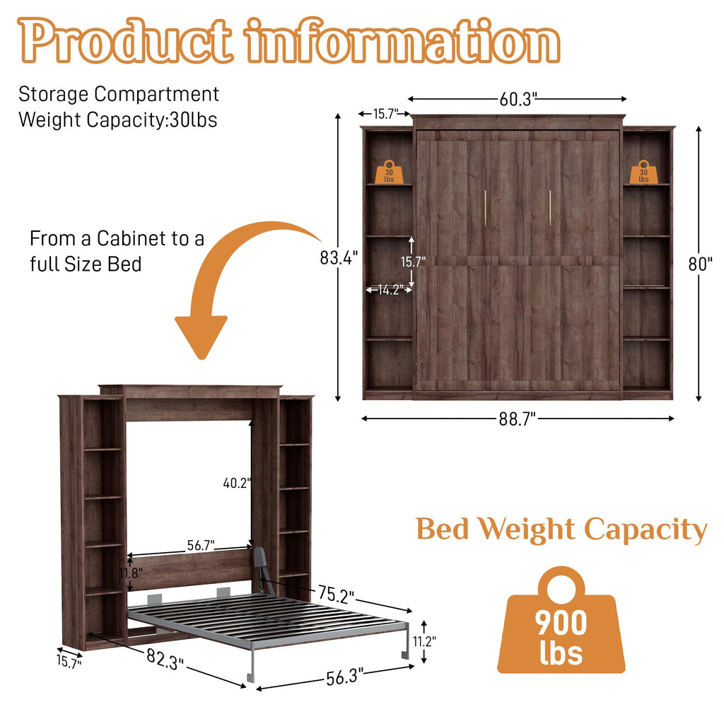 Murphy Bed Full Cabinet with 5-Tier Shelves, Wood Wall Bed, Walnut