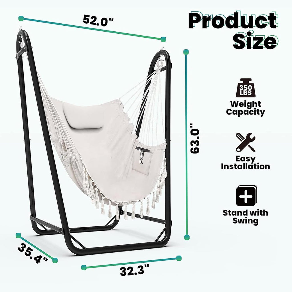 Hammock Chair with Stand, 350 lbs Swing Chair for Indoor Outdoor | U-Shape Anti-Tip Base, Steel Frame,Cotton Chair