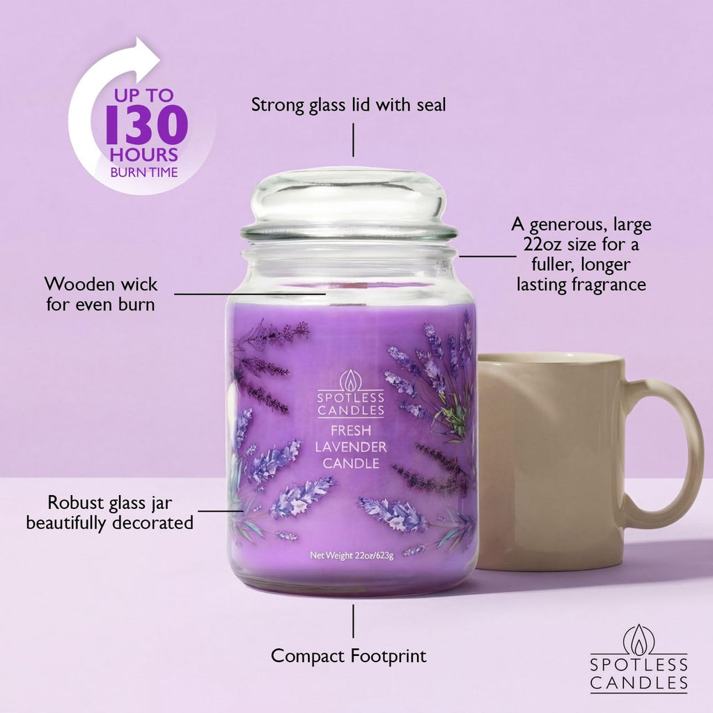 Lavender Candle 22oz Gift Boxed: 130 Hour Burn, Minimum 10% Fragrance Oil, Crackling Wooden Wick, Bergamot Lavender &