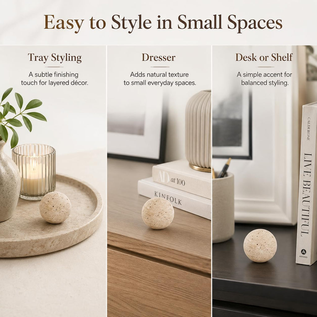 Natural Travertine Decorative Sphere, 1.18 Inch Small Stone Ball Decor, Hand-Polished Beige Orb Accent for Trays