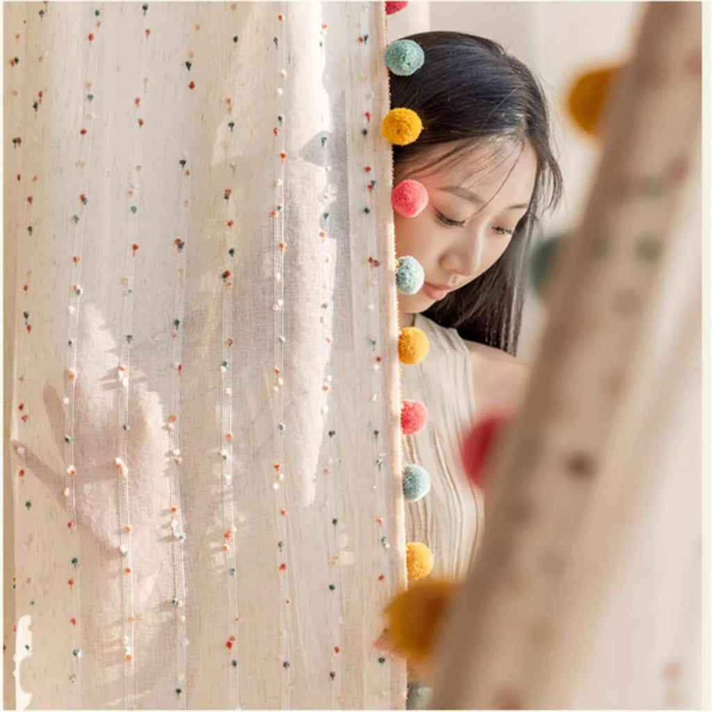 Boho Rainbow Sheer Curtain with Colorful Pom Pom Voile Drapes Faux Linen