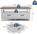Farmhouse Coffee Table with Drawers, 47.2 in Center Table Rustic Coffee Tables White Brown Living Room Table