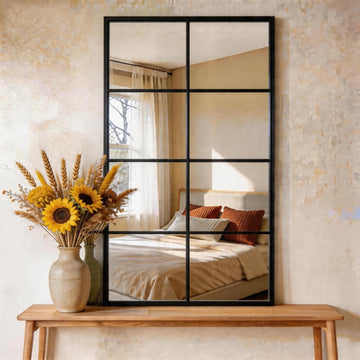 Wall Mirror 16" x 32", Set of 2 Rectangle Window Pane Decorative Mirrors, Metal Framed Wall Mounted Mirror