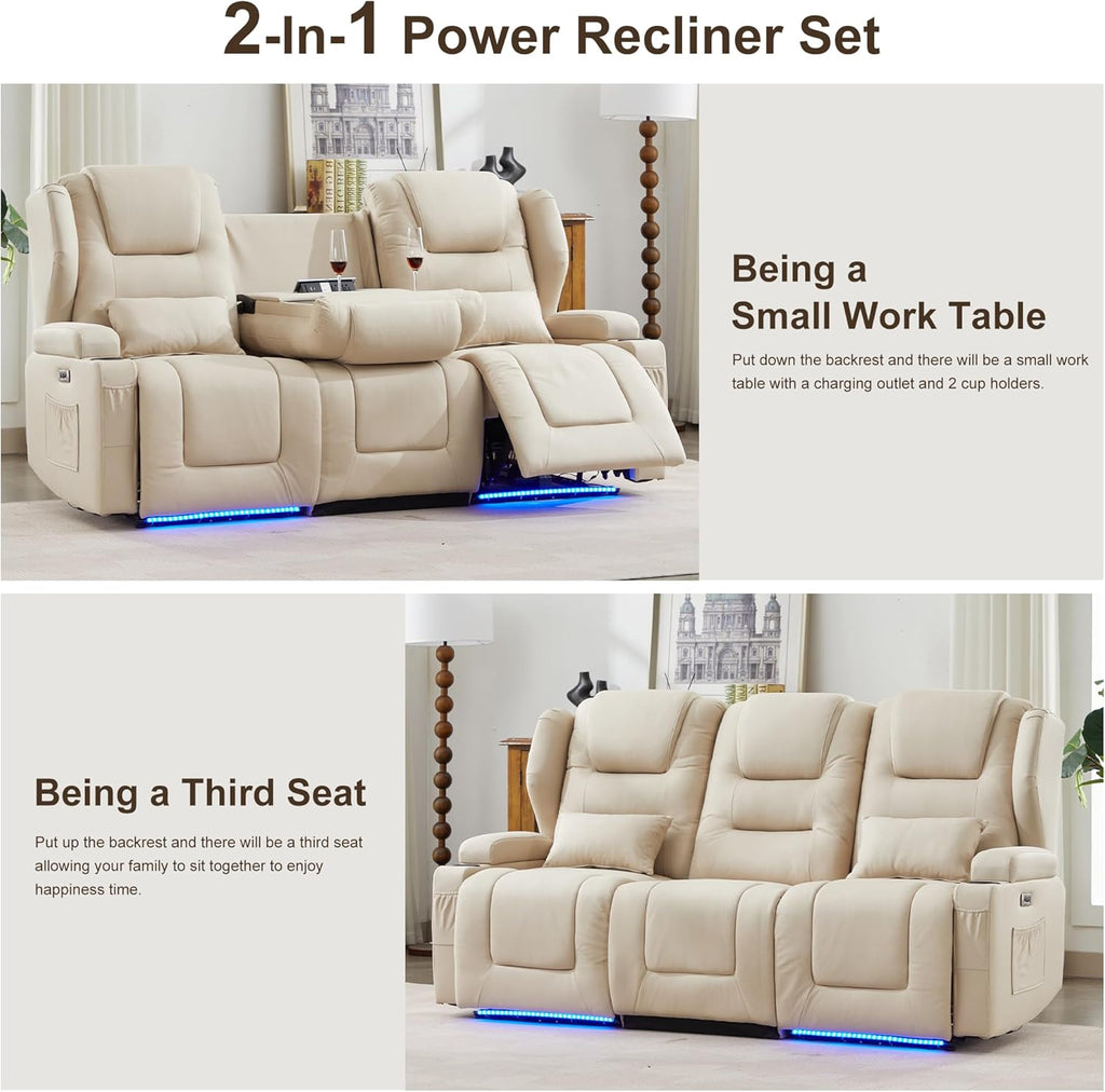 RV Power Loveseat Recliner Sofa, Leathaire Fabric 3-Seater Wall Hugger Reclining Sofa