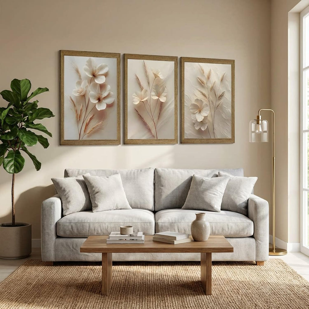 Neutral Beige Floral Canvas Wall Art Set of 3 Beige Botanical Paintings Pictures Minimalist Flower Prints Artwork