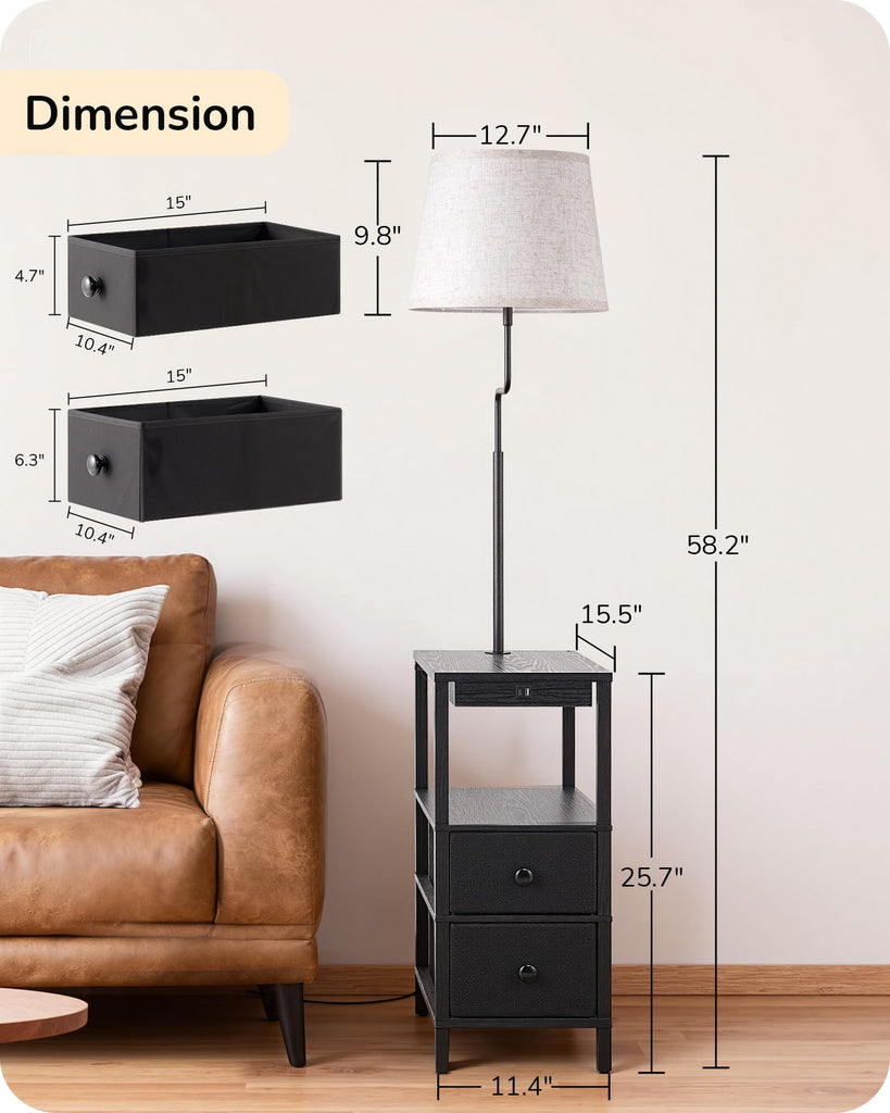 Floor Lamp with Table, Dimmable USB-A+Type-C Ports, Remote, Black