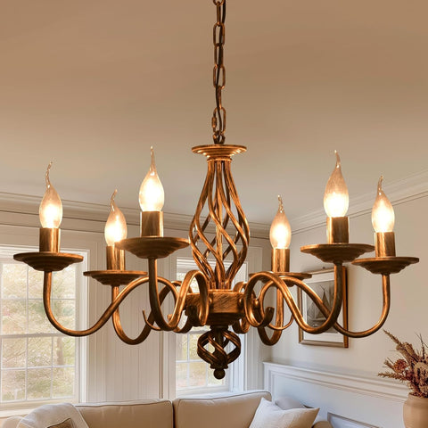 French Country Chandeliers, 6 Lights Rustic Vintage Metal Pendant Light Fixture Hanging Light for Farmhouse, Kitchen Island, Dining Room, Living Room, Antique Bronze E12 Base A109-B0DSB6FD98