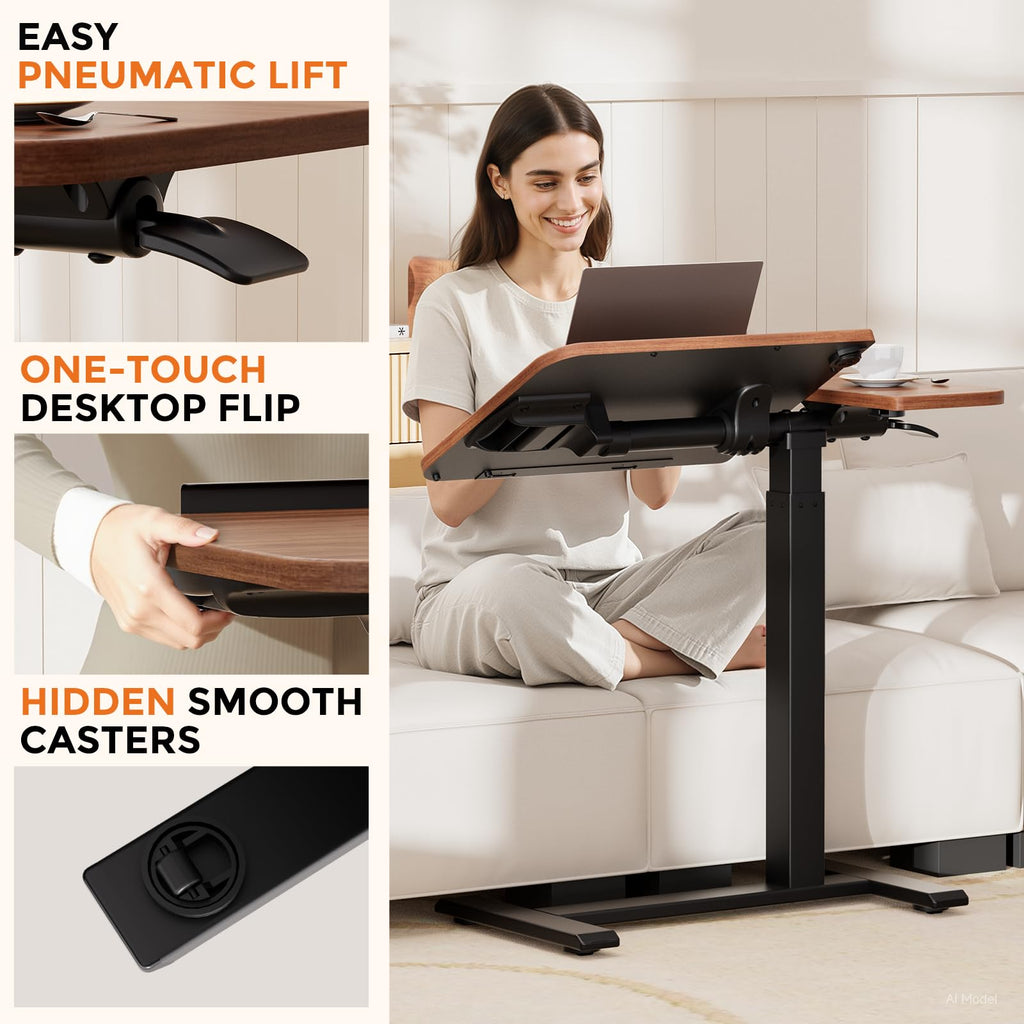 Tiltable Mobile Small Standing Desk, Pneumatic Adjustable Height Overbed Bedside Table with Wheels, Sit Stand