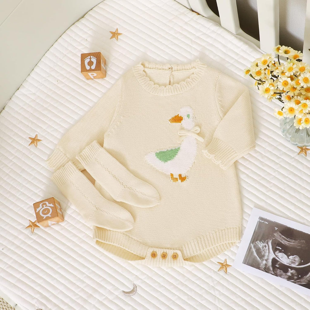 Cotton Baby Knitted Romper Girl Boy Cozy Clothes & Socks Set
