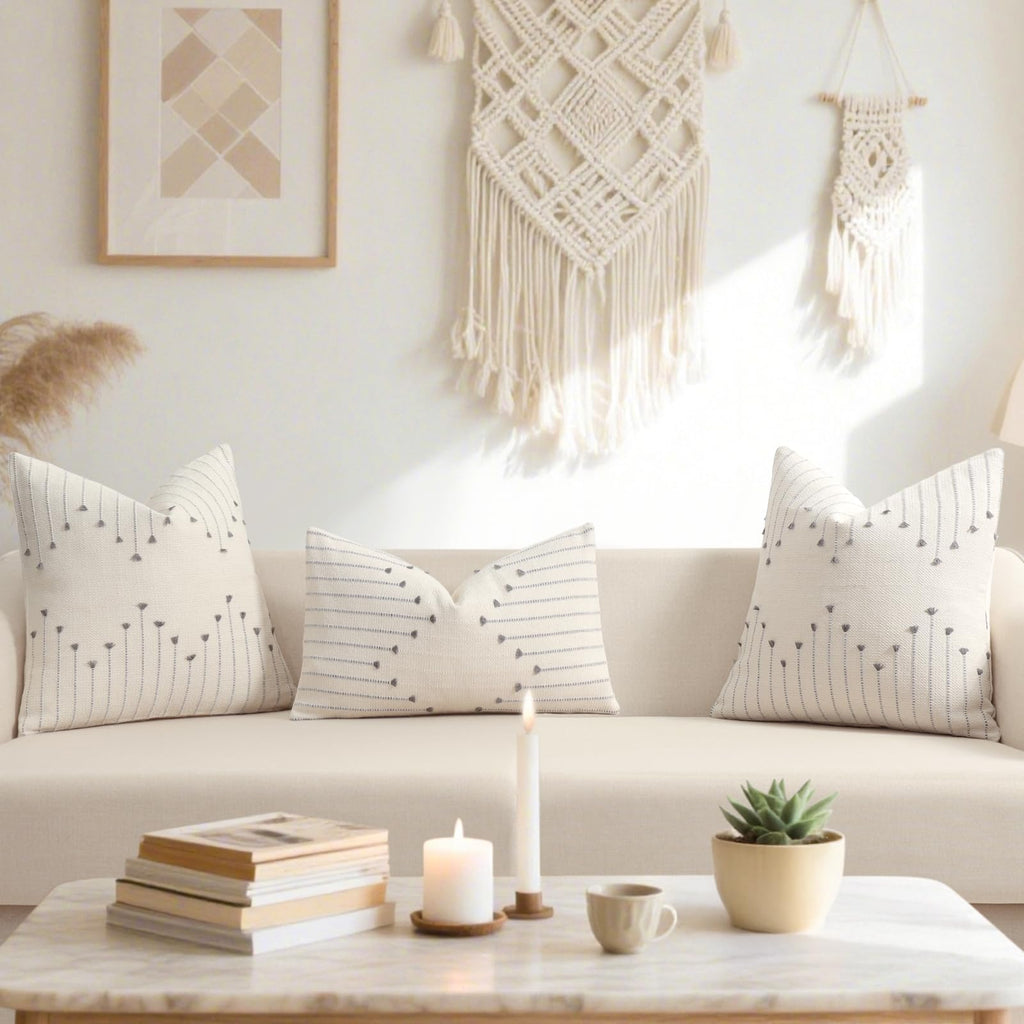 Boho Outdoor Throw Pillow Covers 22x22 Set of 2 Neutral Woven Decorative Pillowcases Cotton Tufted Couch Pillows