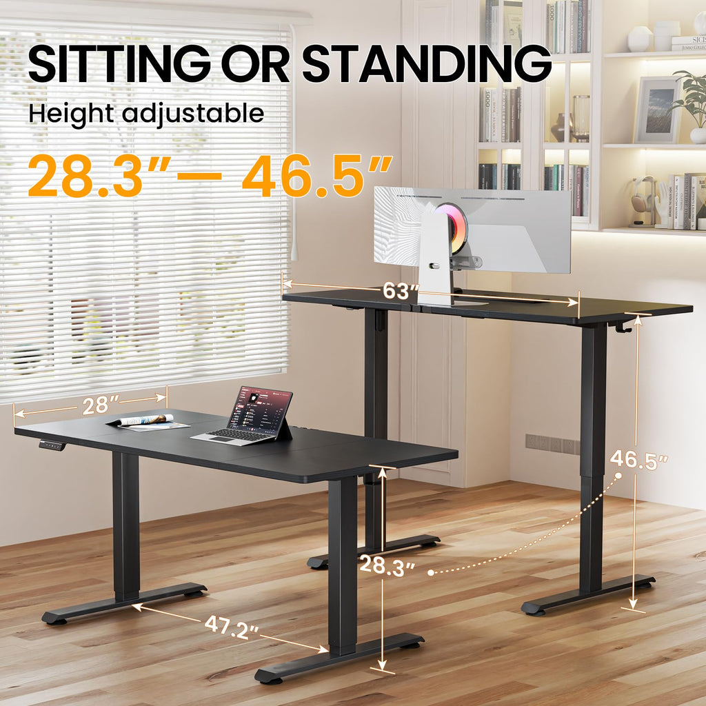 63"x28" Wider Large Standing Desk, Electric Height Adjustable, Black