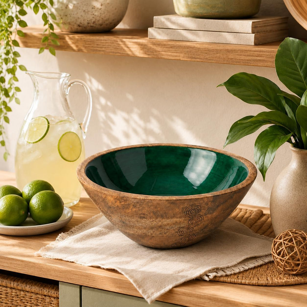 Wooden Decorative Bowl with Green Interior, Mango Wood Bowl Decor | Modern Fruit Bowl Counter; Hand-Carved Coffee