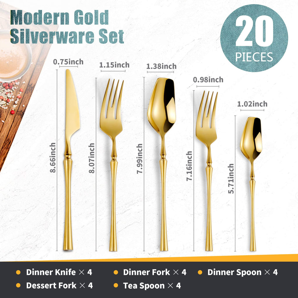 20-Piece Gold Silverware Set for 4, Modern 18/10 Stainless Steel Flatware Set, Unique Rustic Cutlery Utensils Set, Spoon
