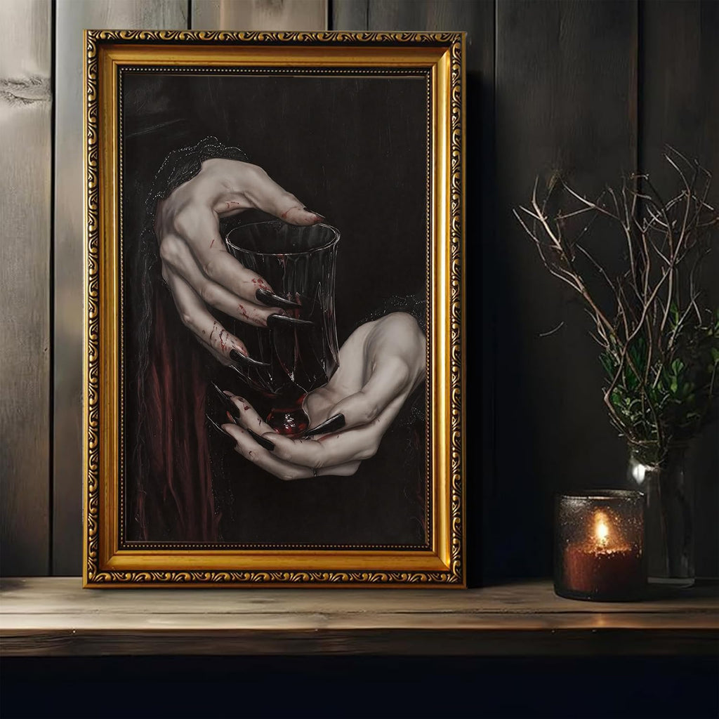 Vintage Gold Framed Wall Art Dark Academia Gothic Canvas Wall Art Moody Clawed Hands Dracula Pictures Wall Decor