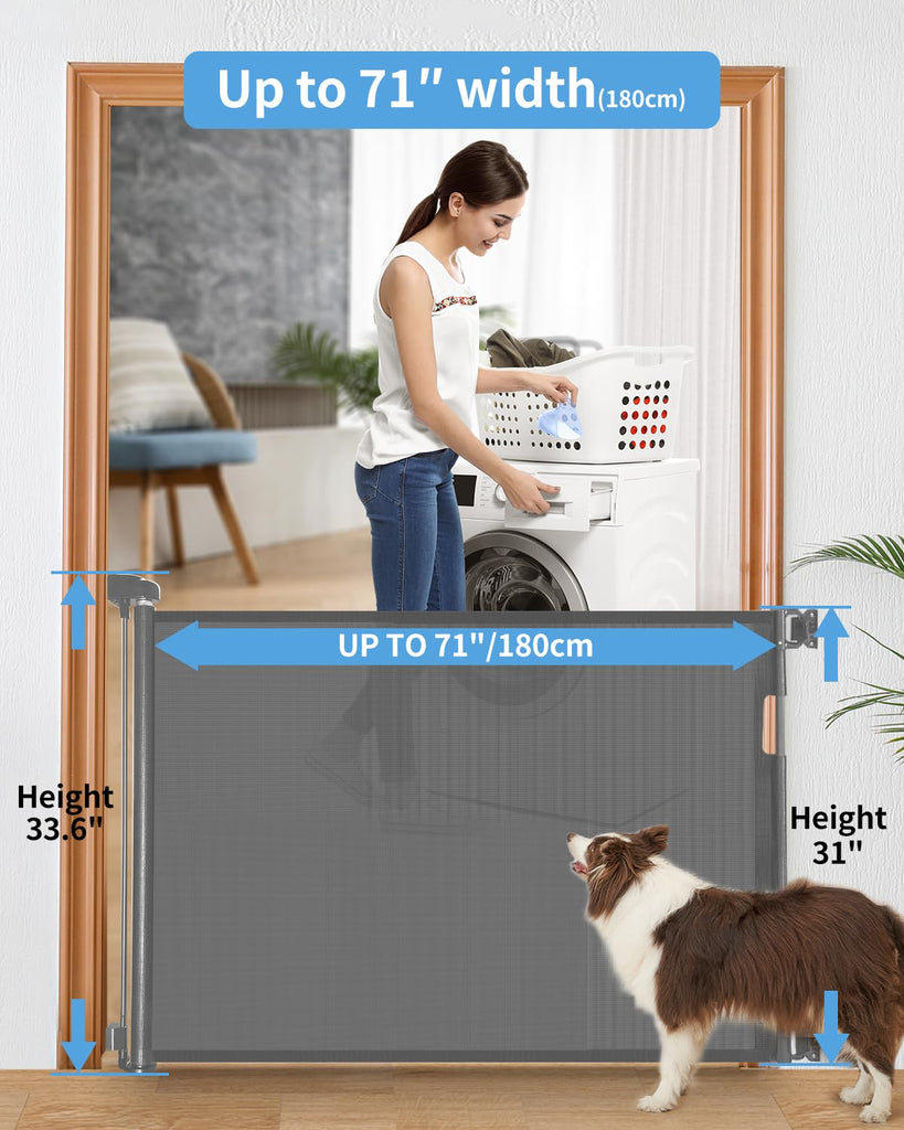 Retractable Dog Gate and Baby Gate for Stairs, 33"H x 71"W, Drill Mount