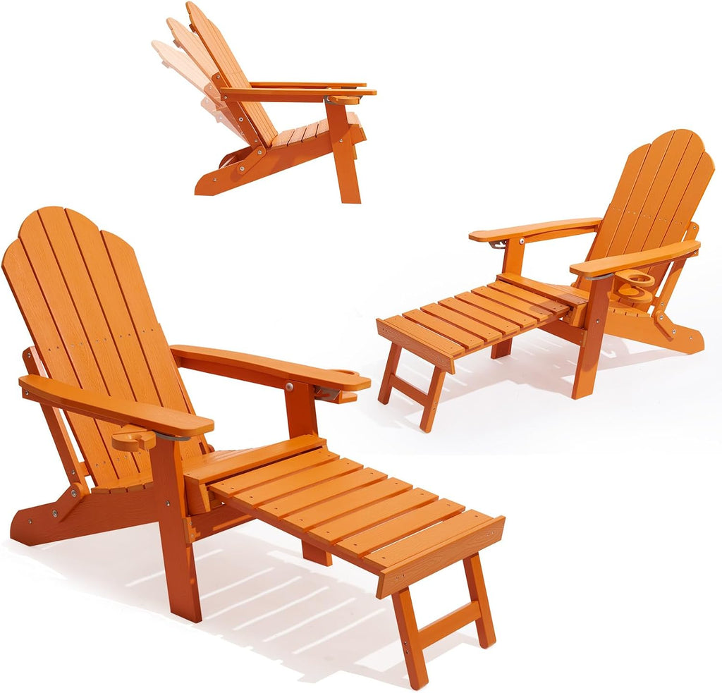 Ergonomic Adjustable Adirondack Chair with Ottoman Set of 2,Folding Adirondack Chair with 2 Cup Holder