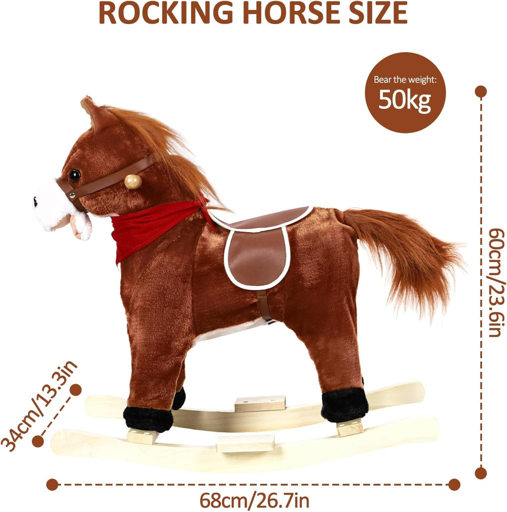 Plush Rocking Horse for Toddlers Age 1-6, Wooden Rocker with Moving Mouth & Wagging Tail, Musical with Sounds, 50kg