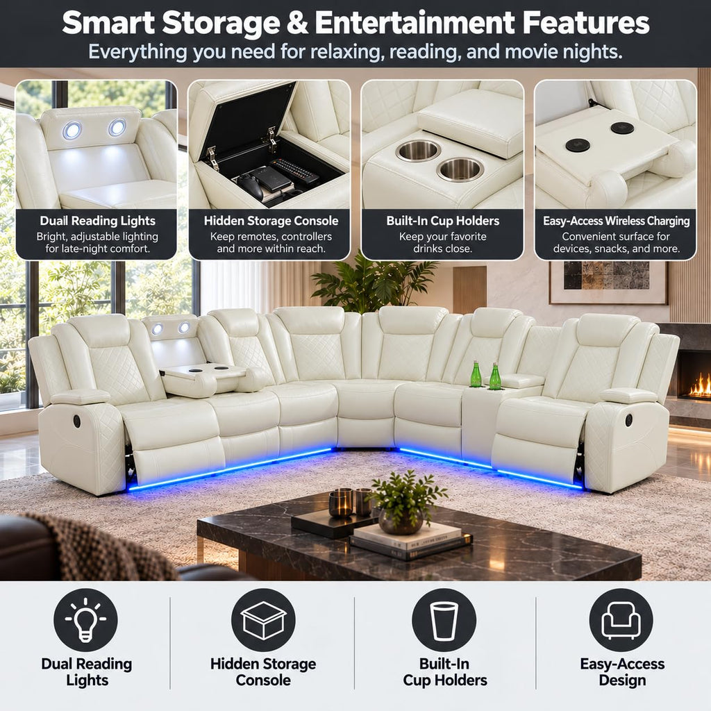8-Seater Power Reclining Sofa Set, 4-Piece Leather Sectional Couch with 2 Loveseats, LED Lights, USB Ports, Cup